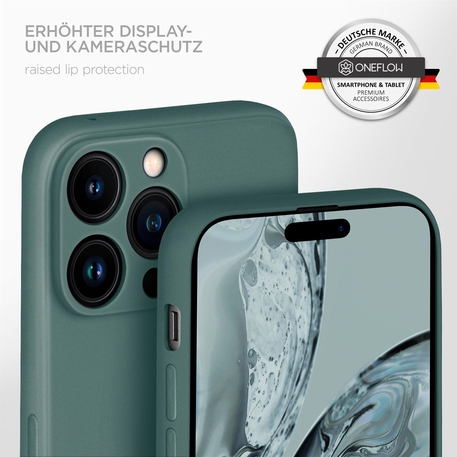 Grüne Handyhülle mit Telefon. Text oben: 'erhöhter Display- und Kameraschutz'.