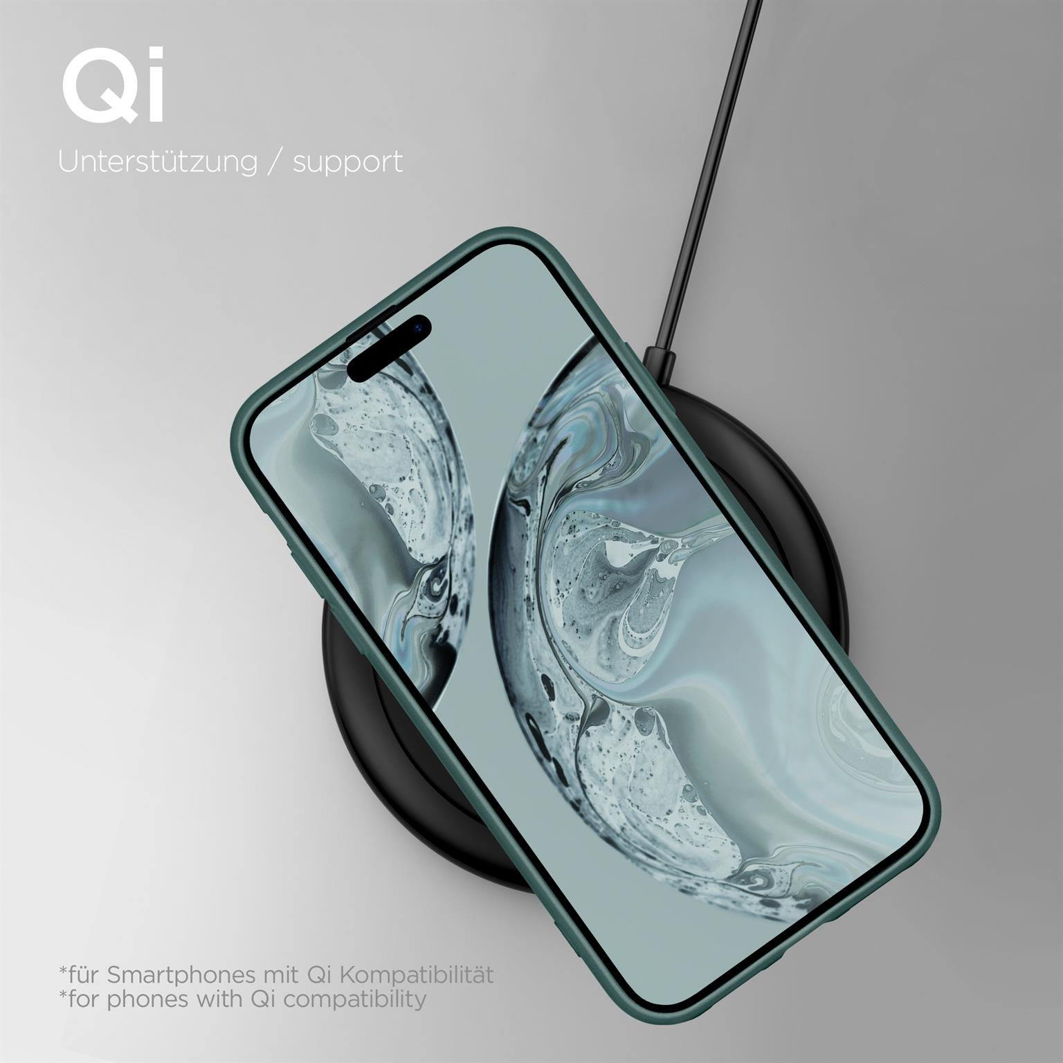 Ein Telefon liegt auf einer kabellosen Ladestation. Text oben: 'Qi'. Telefon hat eine grüne Hülle.