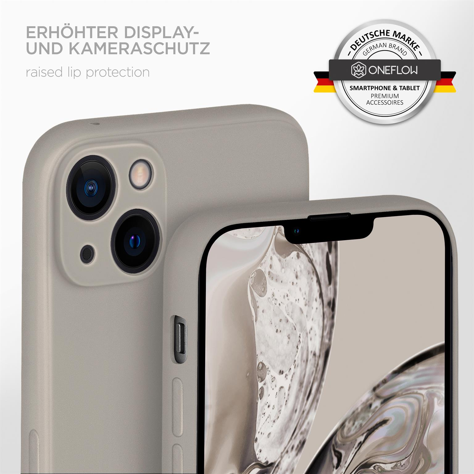 Eine graue Handyhülle an einem Telefon. Das Telefon hat einen erhöhten Rand zum Schutz von Display und Kamera.