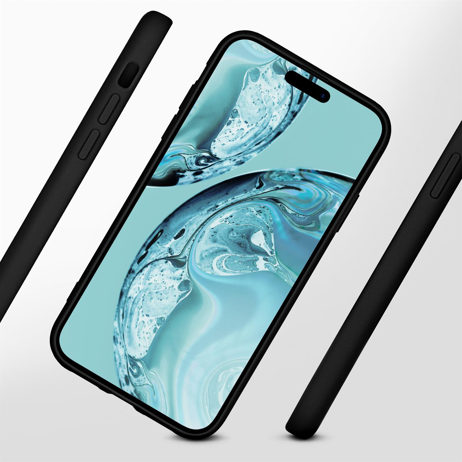 Schwarzes Telefon in schwarzen Hüllen. Der Telefonbildschirm ist sichtbar. Weißer Hintergrund.