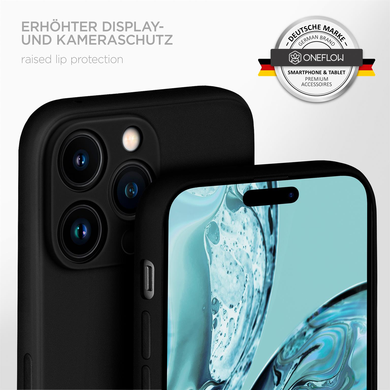 Schwarze Handyhülle mit Kameralinsen. Ein Telefonbildschirm ist sichtbar, mit weißem Hintergrund.