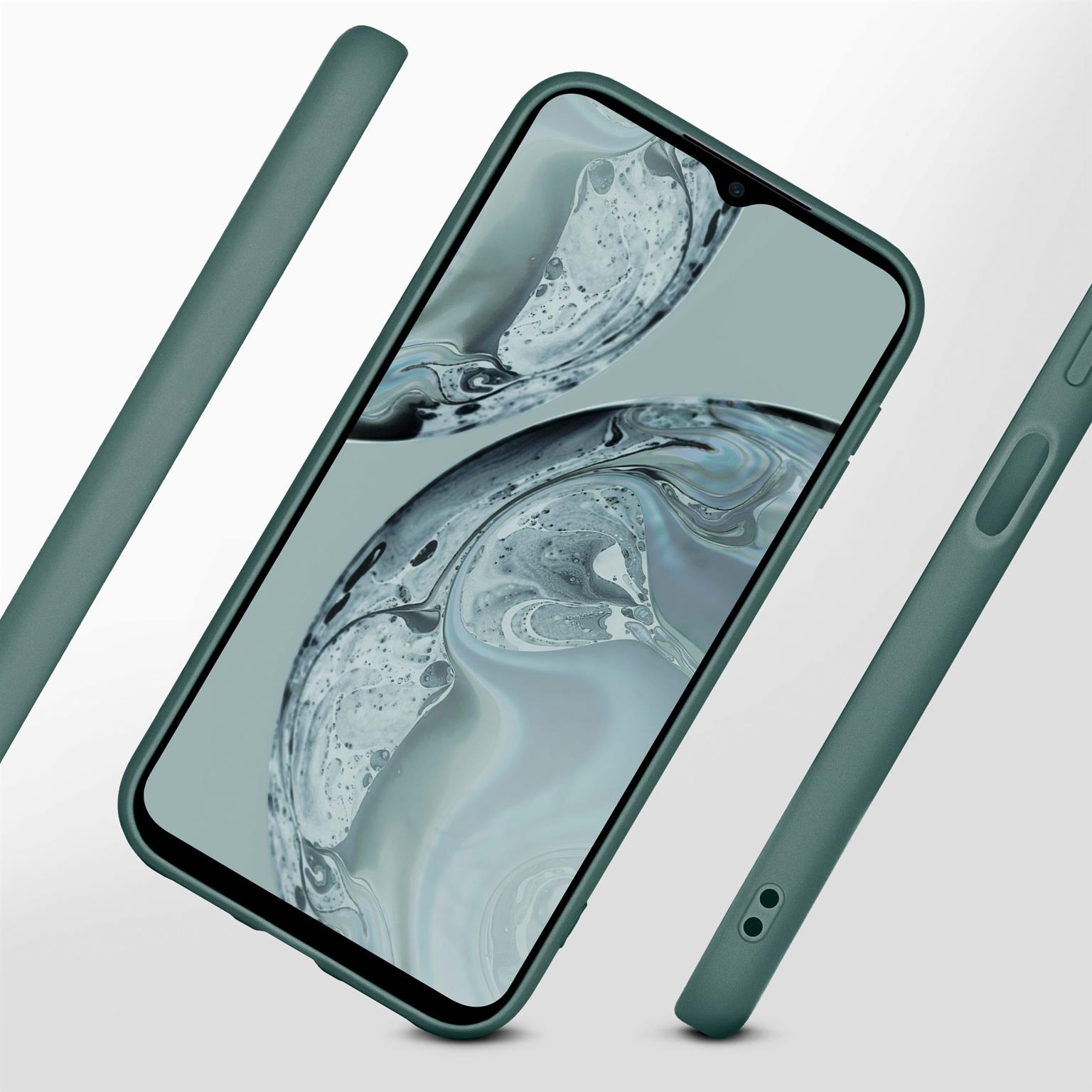Dunkelgrüne Handyhülle mit Telefon und drei weiteren Teilen.