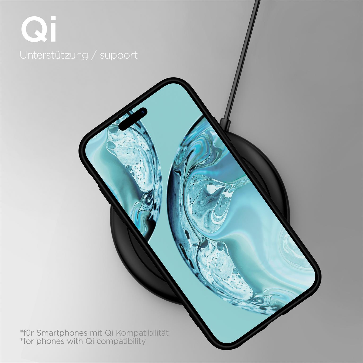Ein Telefon in einer schwarzen Hülle auf einem kabellosen Ladegerät mit Qi-Unterstützung.
