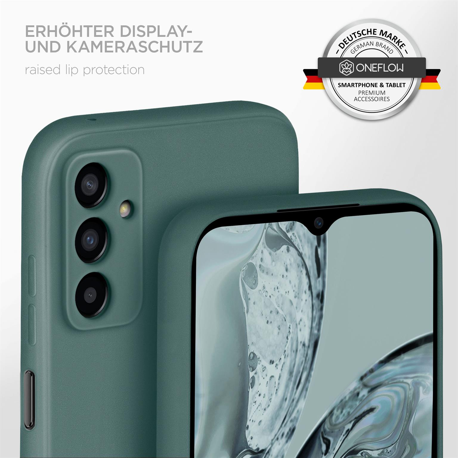 Grüne Handyhülle mit erhöhten Rändern. Das Telefon wird mit Logo angezeigt.