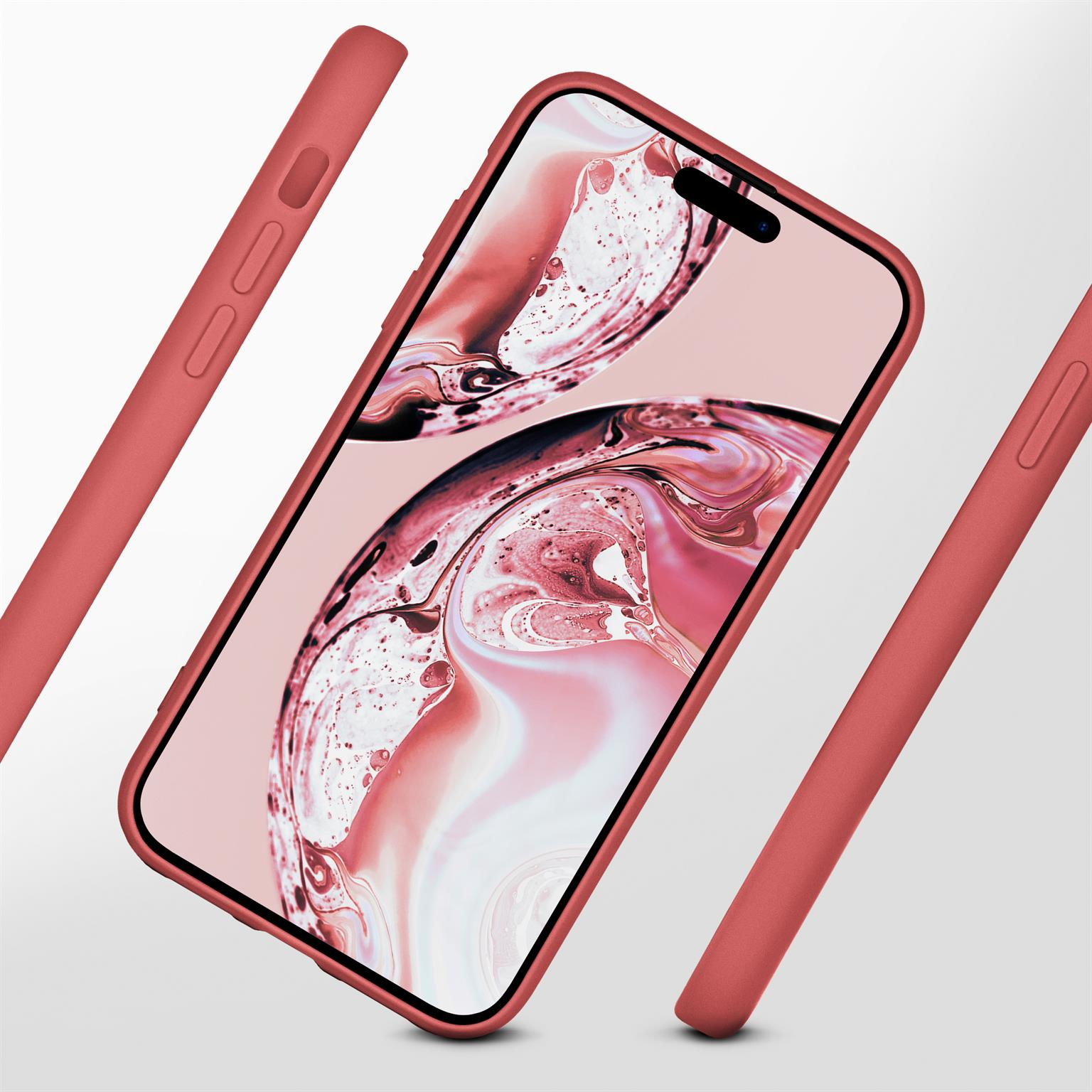 Telefon mit roter Hülle. Der Telefonbildschirm zeigt ein helles abstraktes Bild. Grauer Hintergrund.
