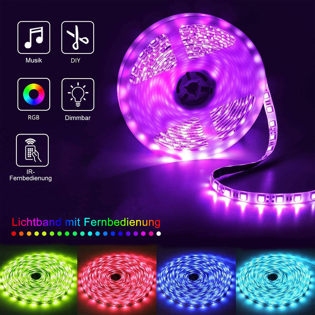 Ein lila LED-Streifen mit Steuerungssymbolen und Farboptionen auf schwarzem Untergrund.