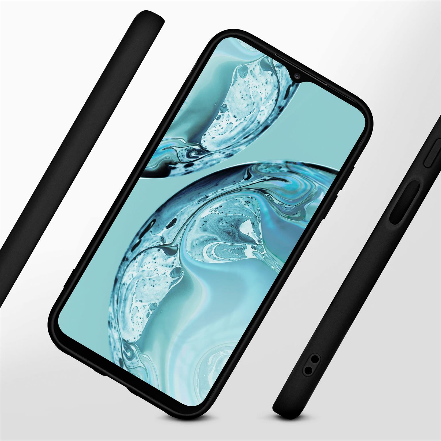 Schwarzes Telefon in schwarzer Hülle, mit drei Hüllensegmenten.