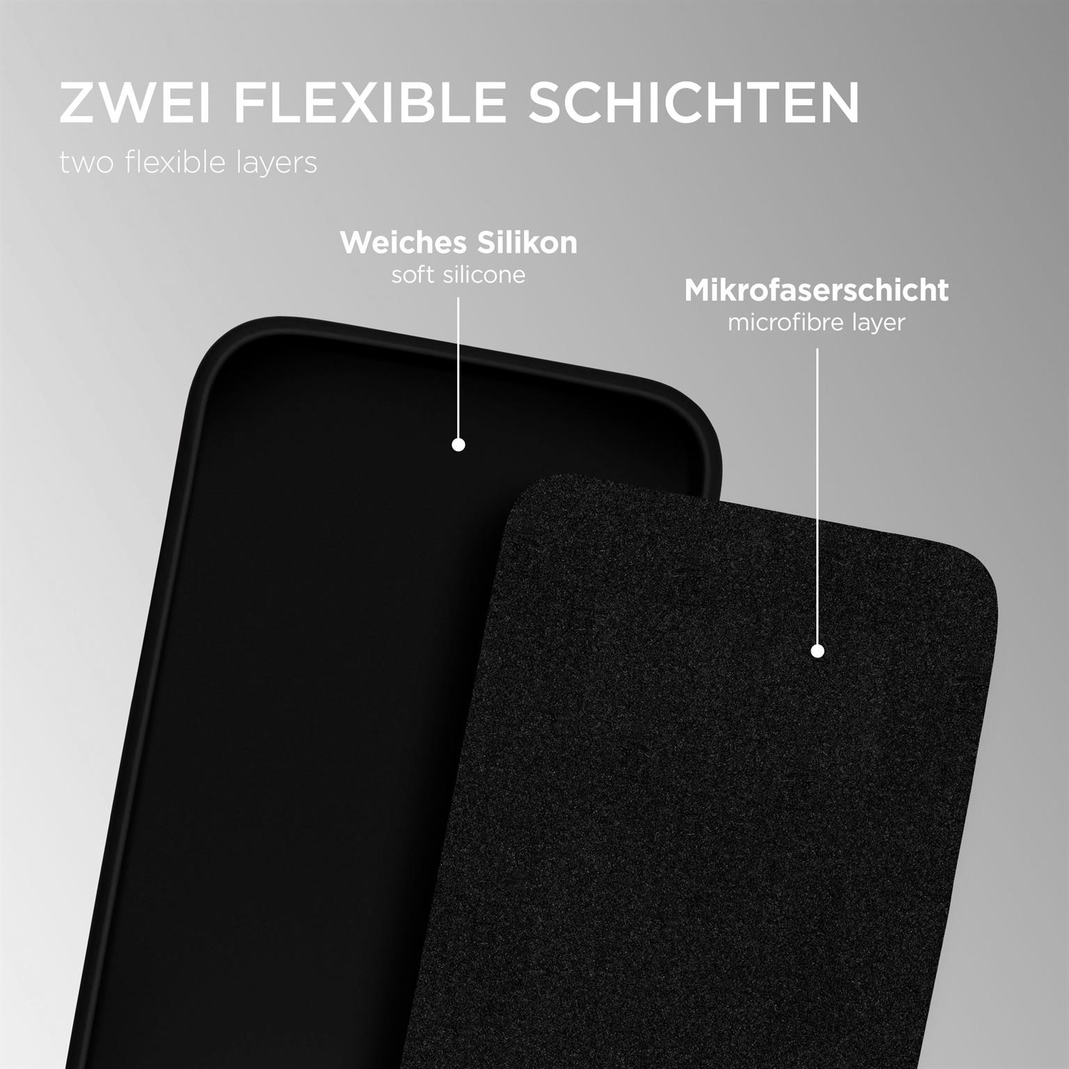 Zwei Schichten einer schwarzen Handyhülle. Eine ist weiches Silikon, die andere eine Mikrofaser-Schicht, weißer Hintergrund.