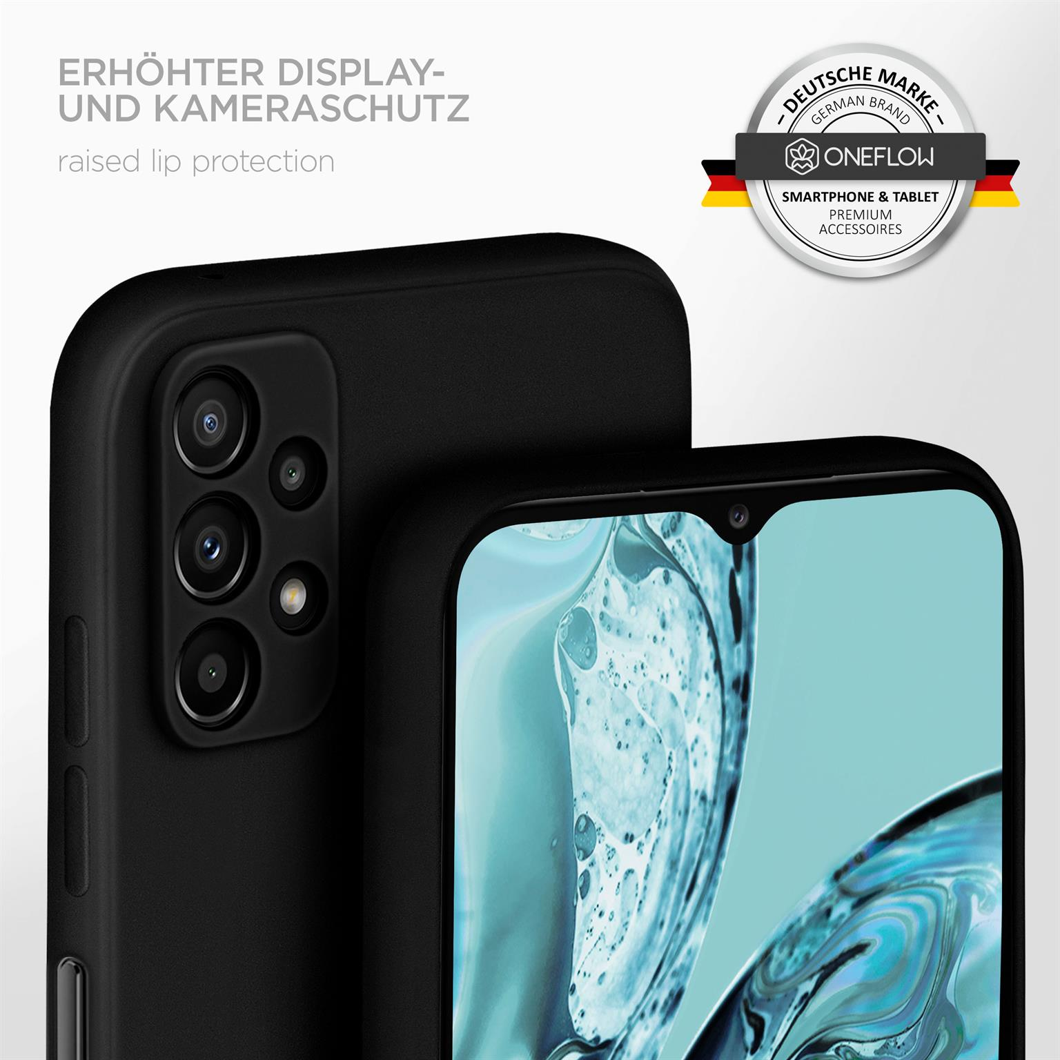 Schwarze Handyhülle mit Telefon darin. Das Telefon zeigt einen blauen Hintergrund mit Oneflow-Logo.
