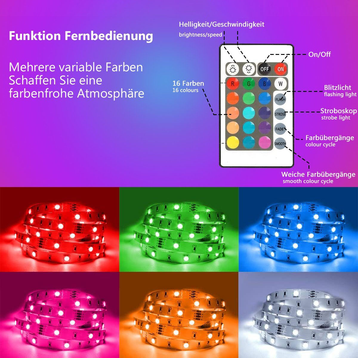 Fernbedienung mit LED-Lichtstreifen in verschiedenen Farben.
