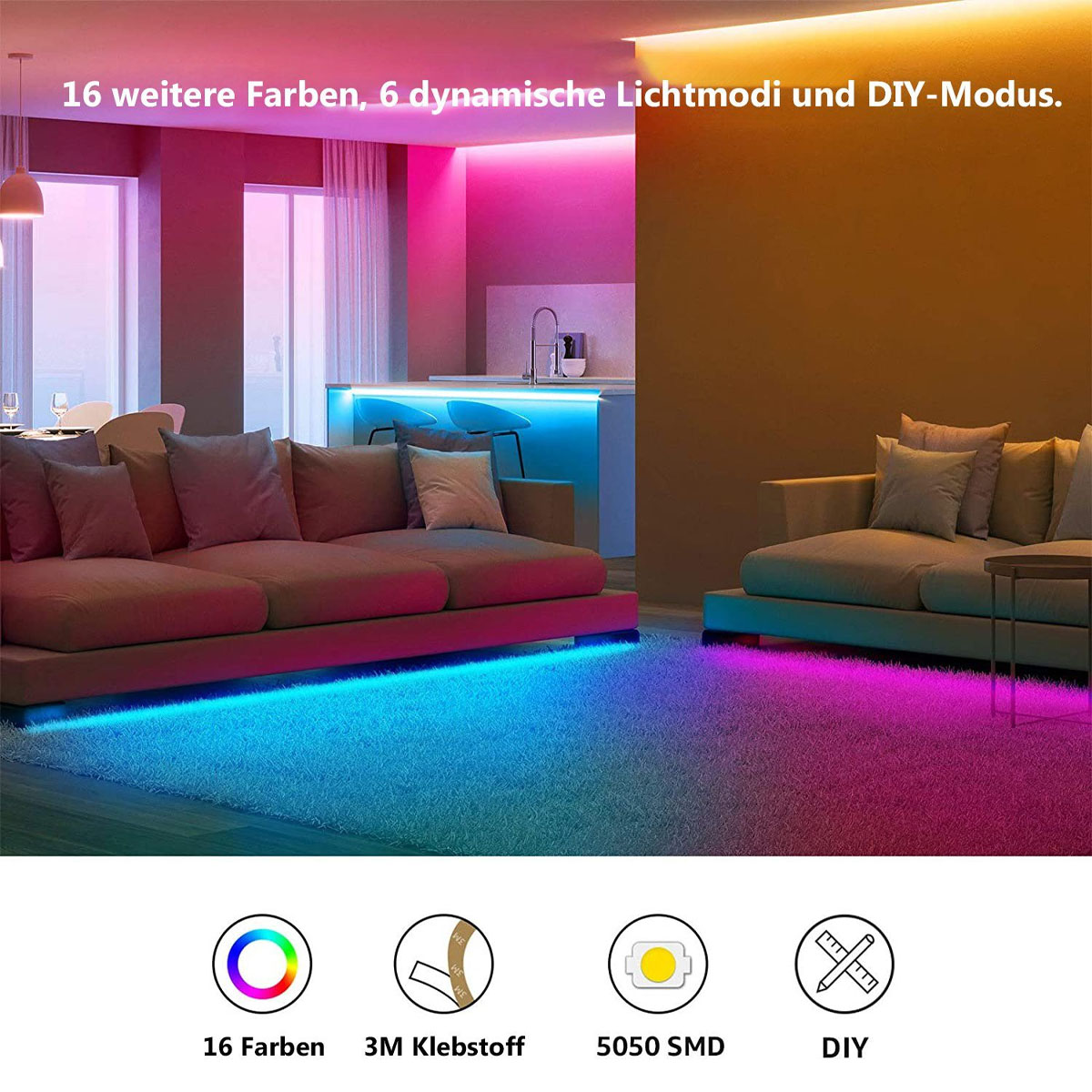 Wohnzimmer mit bunten LED-Streifen am Boden, Sofas und Text: 16 Farben, 3M Klebstoff.