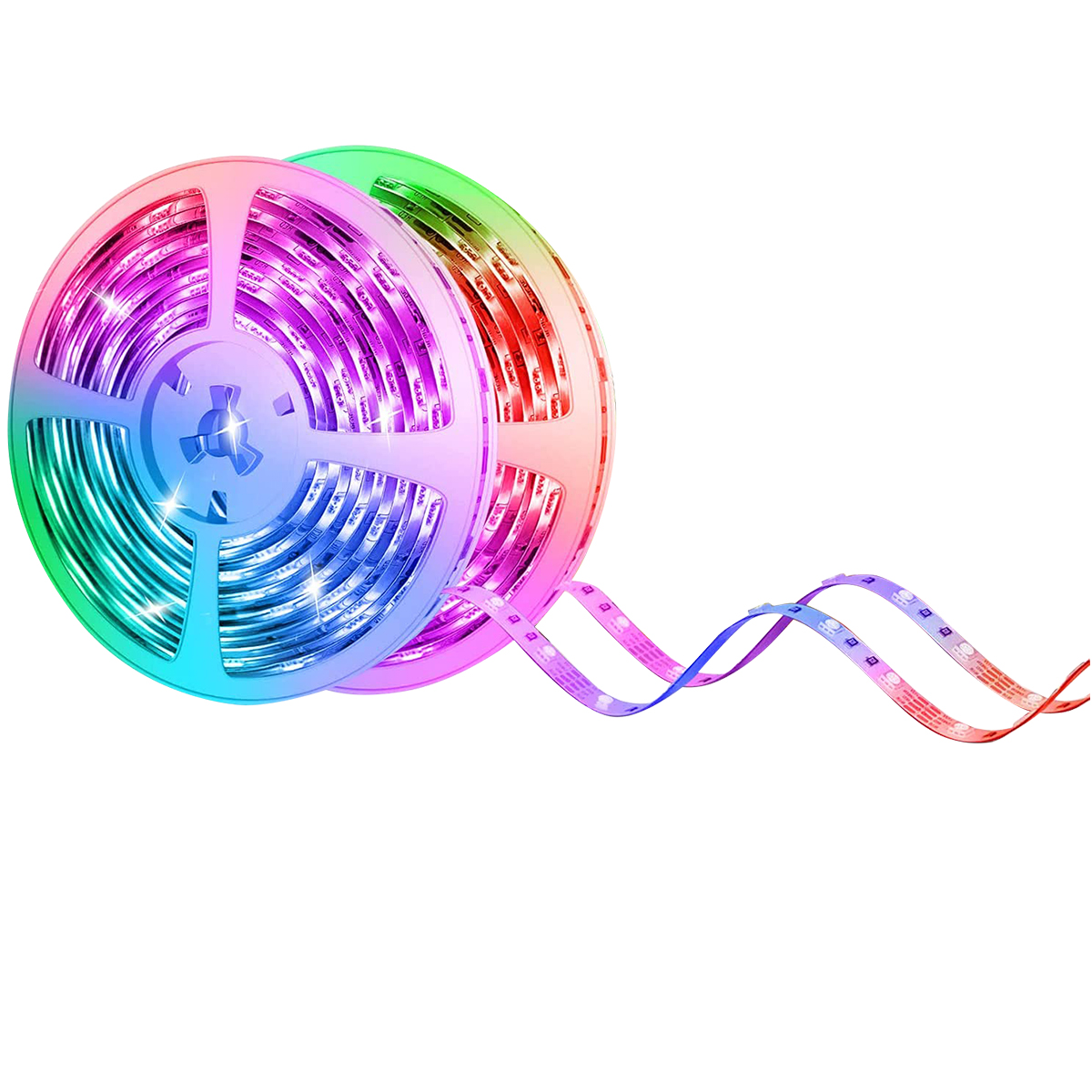 Dwie rolki listew LED z wieloma kolorami, gotowe do użycia.