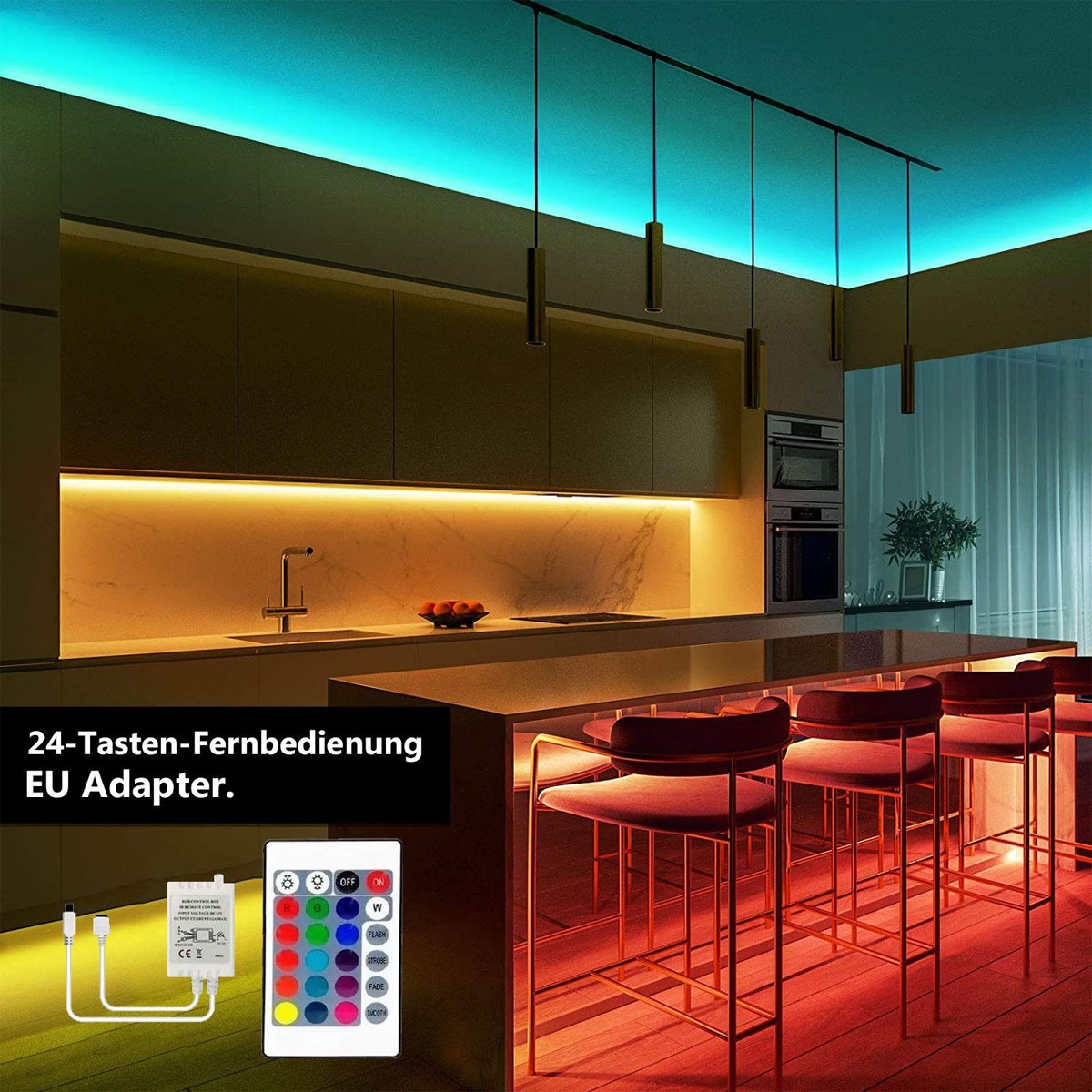 Küche mit LED-Beleuchtung. Die Beleuchtung ist in der Decke und unter der Theke installiert. Eine Fernbedienung wird gezeigt.