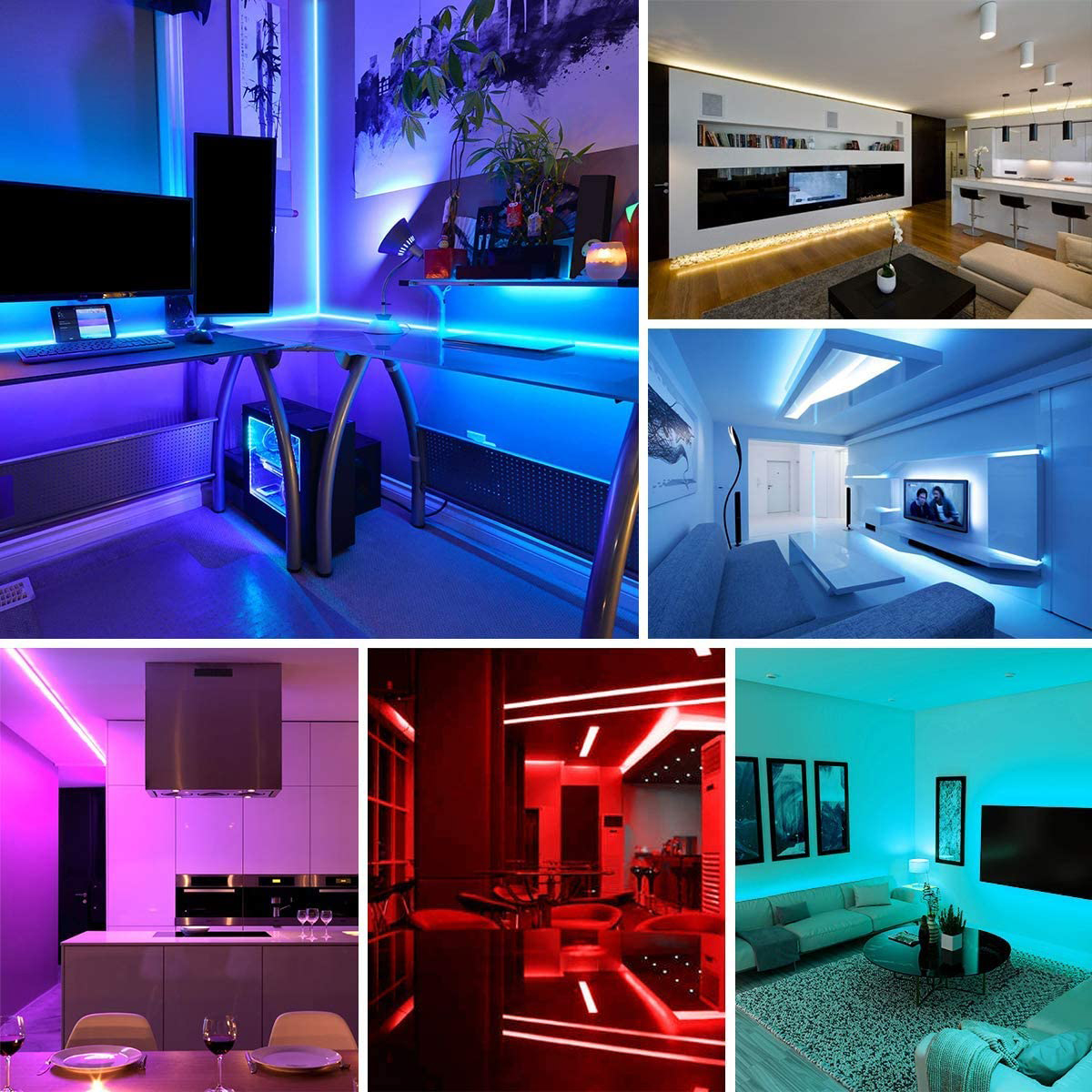 Mehrere Räume mit blauer und roter LED-Beleuchtung, die verschiedene Atmosphären schaffen.