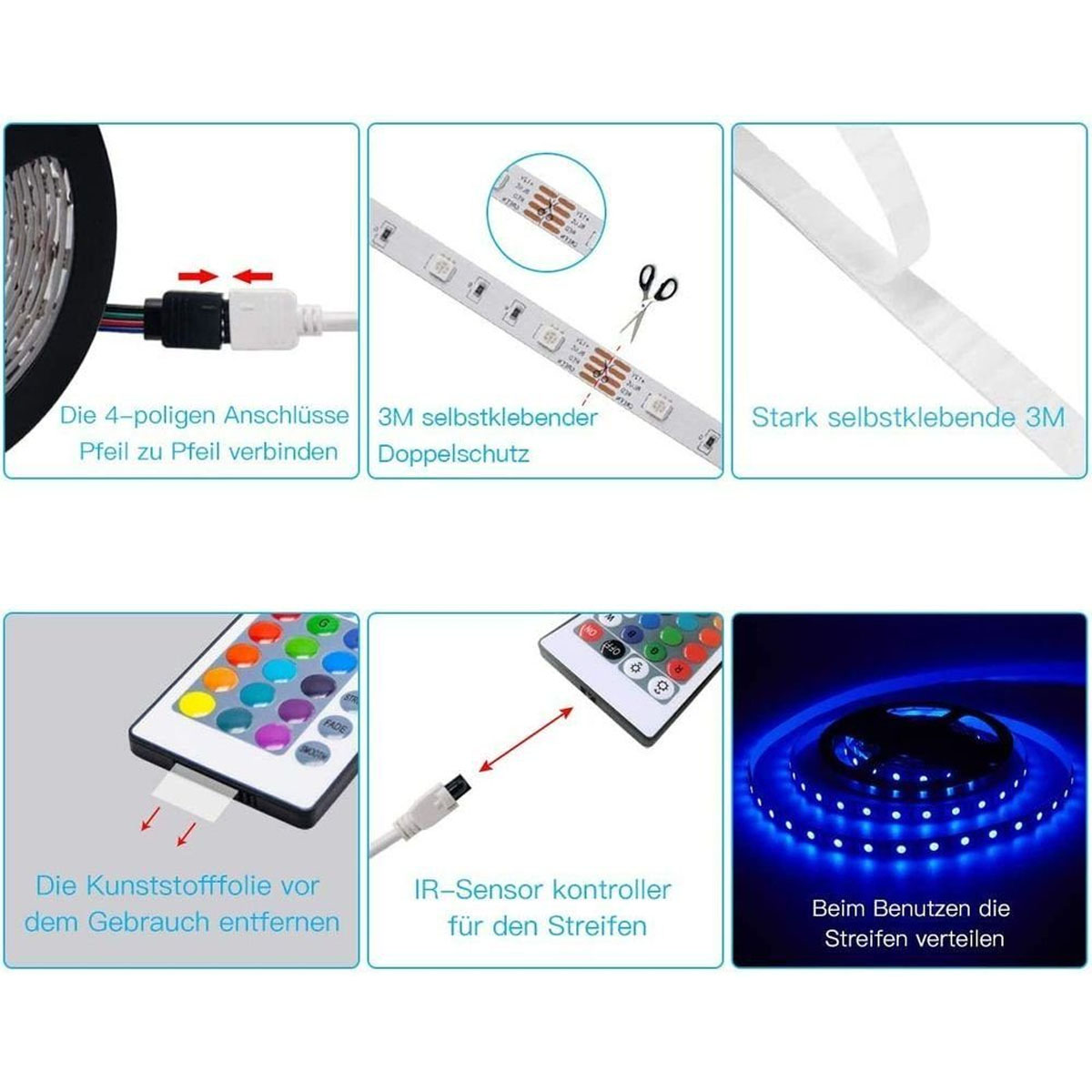 LED-Streifen-Komponenten. Die Komponenten umfassen Anschlüsse, Klebstoff und Fernbedienung. Blaues Licht in einem Kreis.