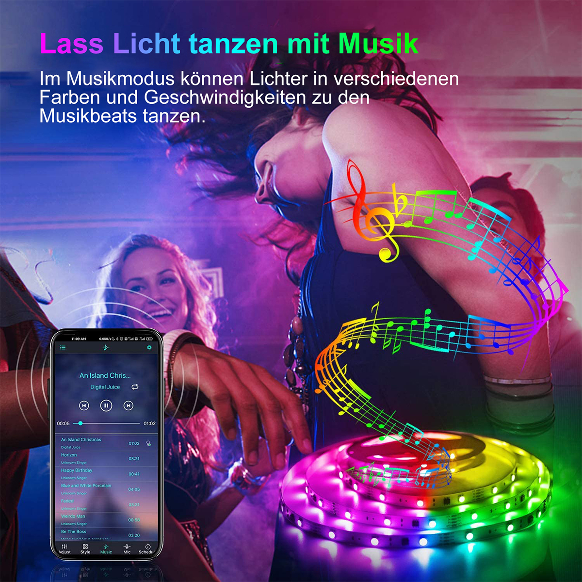 Leute genießen Musik mit bunten Lichtern. Ein Telefon mit Musik-App.