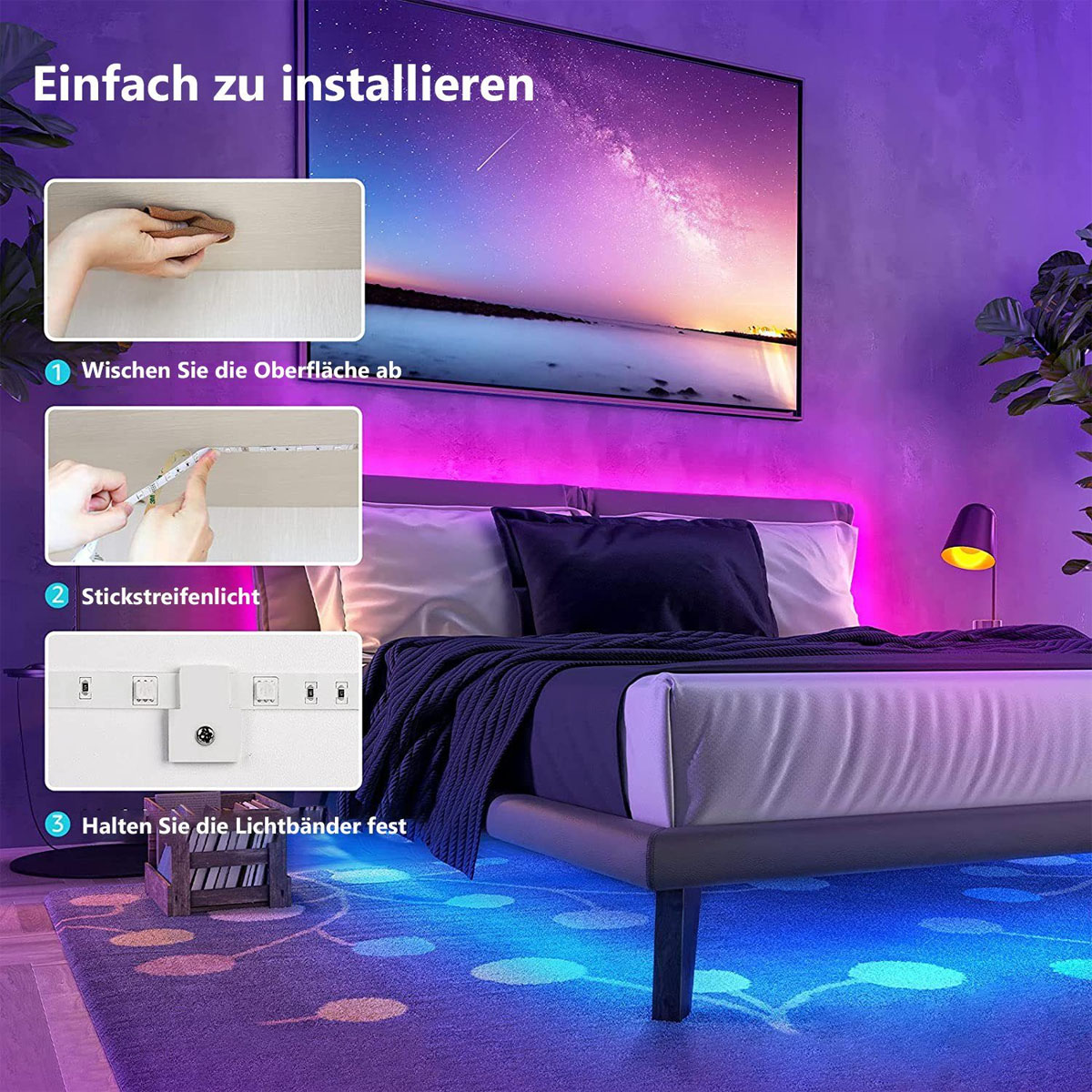 Schlafzimmer-Setup mit Bett, Fernseher und Lichtern. Schritte zur Installation von Lichtleisten werden gezeigt. Dunkel und farbenfroh.