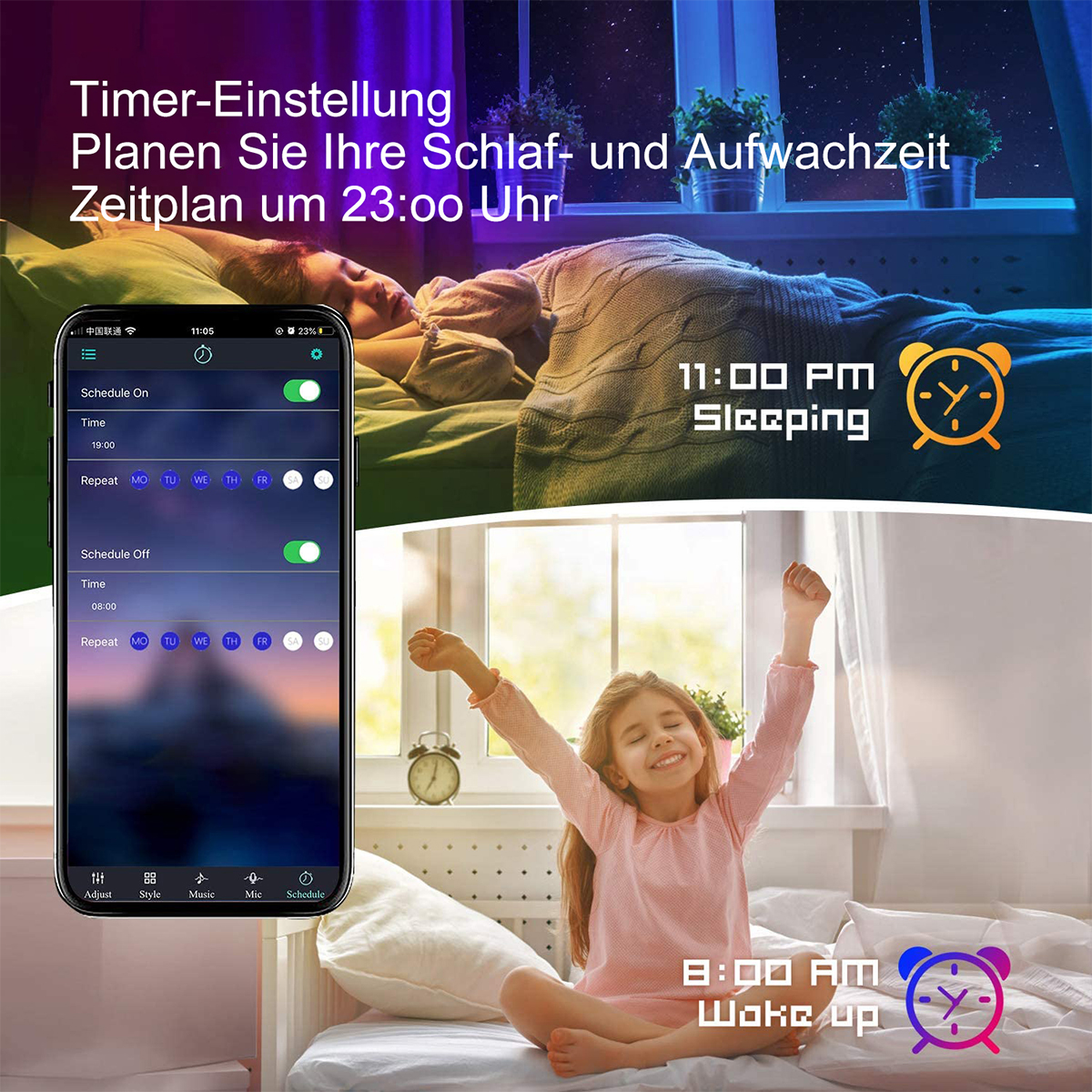 Ein Mädchen wacht auf, und ein Mann schläft. Das Telefon zeigt die Schlafplaneinstellungen.