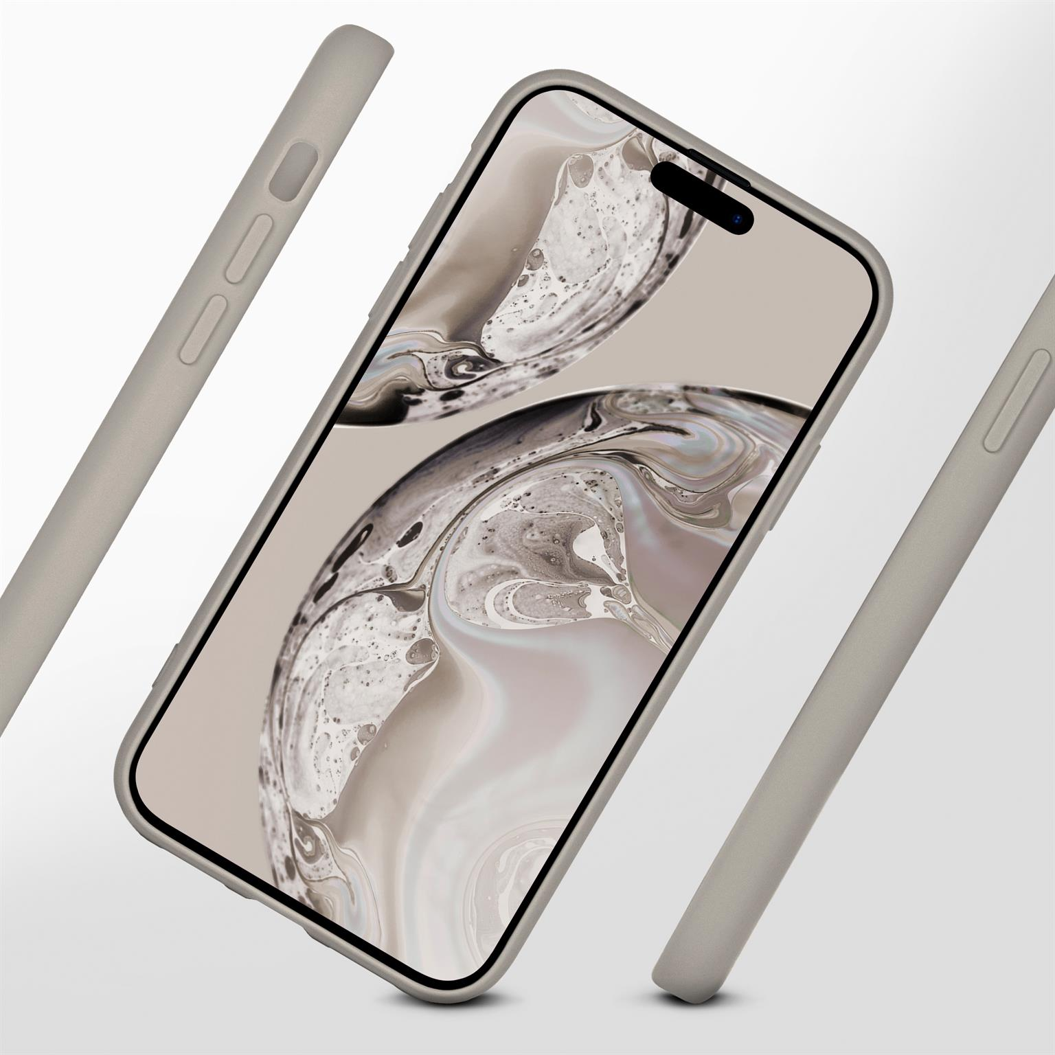 Ein Smartphone in einer Hülle. Der Bildschirm zeigt ein abstraktes Bild. Drei Gehäuseteile sind sichtbar.