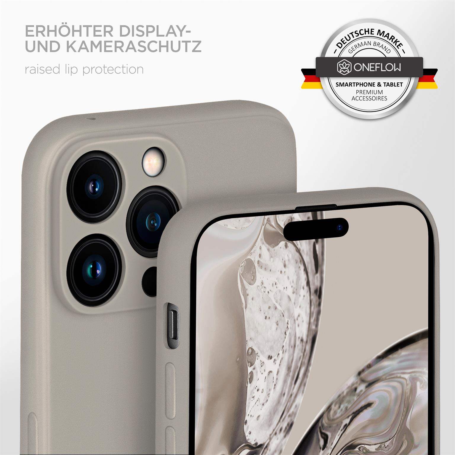 Handyhülle auf dem Telefon, erhöhter Lippenschutz mit Logo. Beige Farbe.