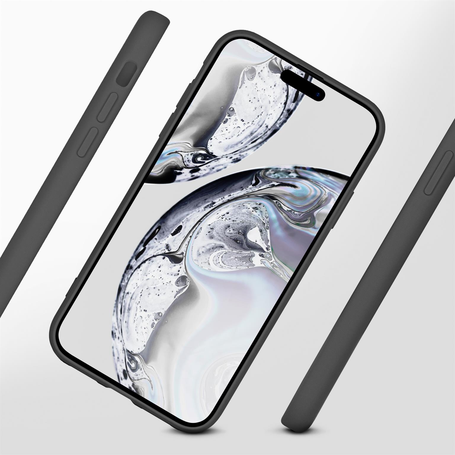 Ein schwarzes Telefon mit Hülle. Auf dem Bildschirm ist ein Wirbelmuster zu sehen. Drei Hüllen sind gezeigt.