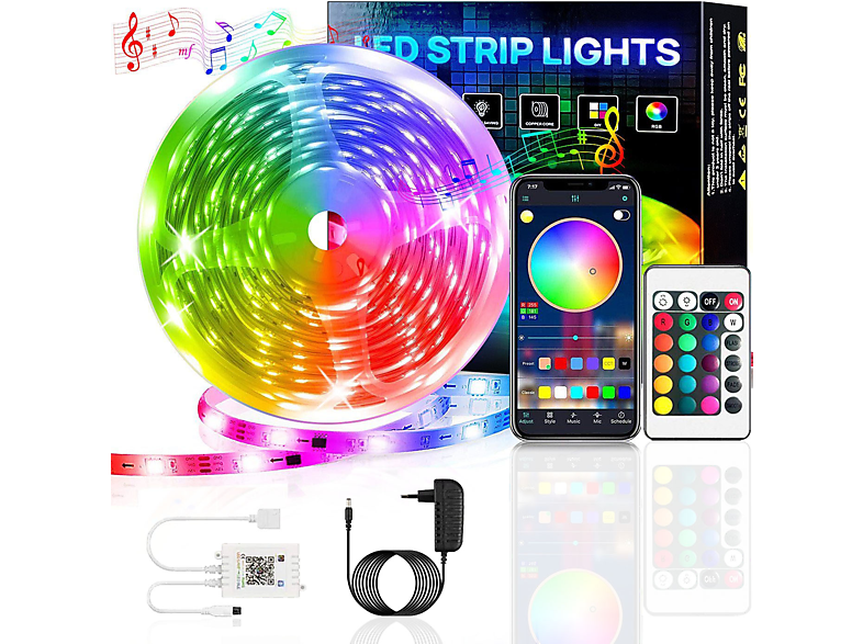 KINSI Bluetooth 5M Mit RGB, Lichtleiste, Fernsteuerung Steuerung,Bareboard Mehrfarbig APP Lichtstreifen LED-Licht