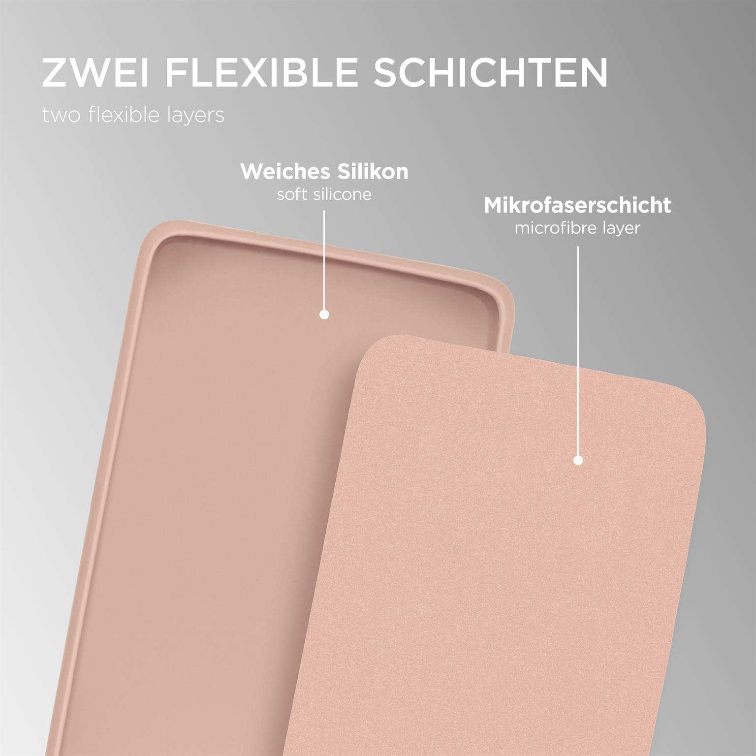 Zwei Schichten rosa Material. Eines ist weiches Silikon und das andere eine Mikrofaser-Schicht.