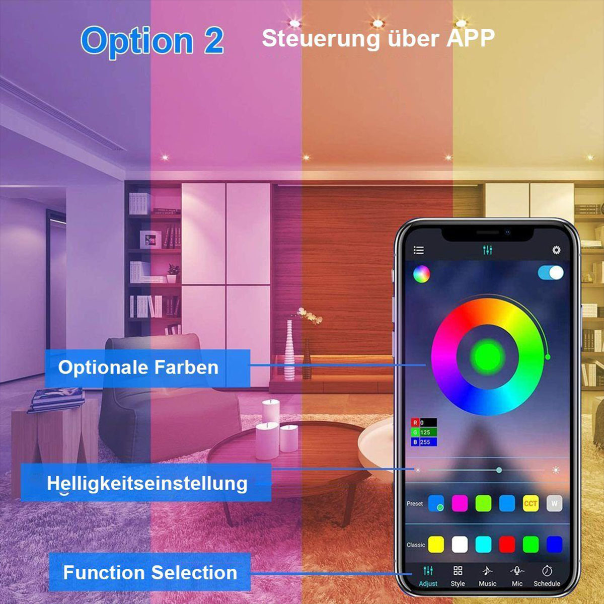 Ein Smartphone zeigt eine Farbkreis-App zur Steuerung von Lichtern. Optionen für Farbe und Helligkeit werden angezeigt.