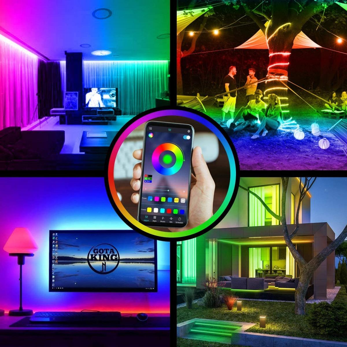 Verschiedene Szenen mit RGB-LED-Streifenlichtern, gesteuert von einem Telefon. Zeigt verschiedene Farben.