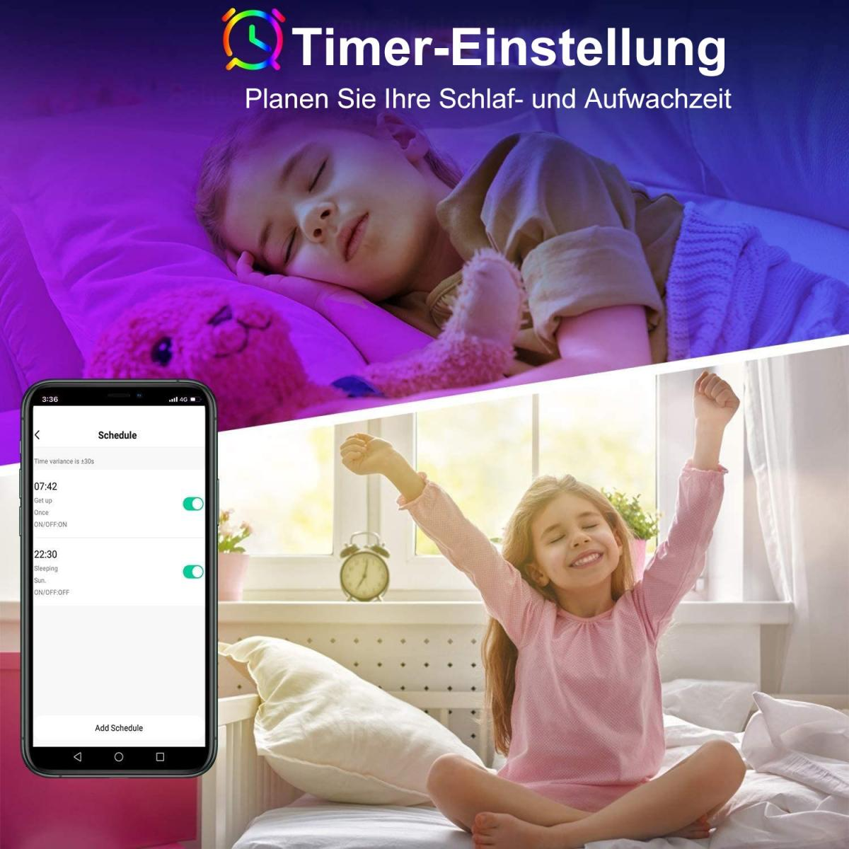 Bild zeigt einen Telefonbildschirm mit einem Zeitplan. Ein Mädchen schläft und ein anderes wacht auf. Text auf Deutsch.