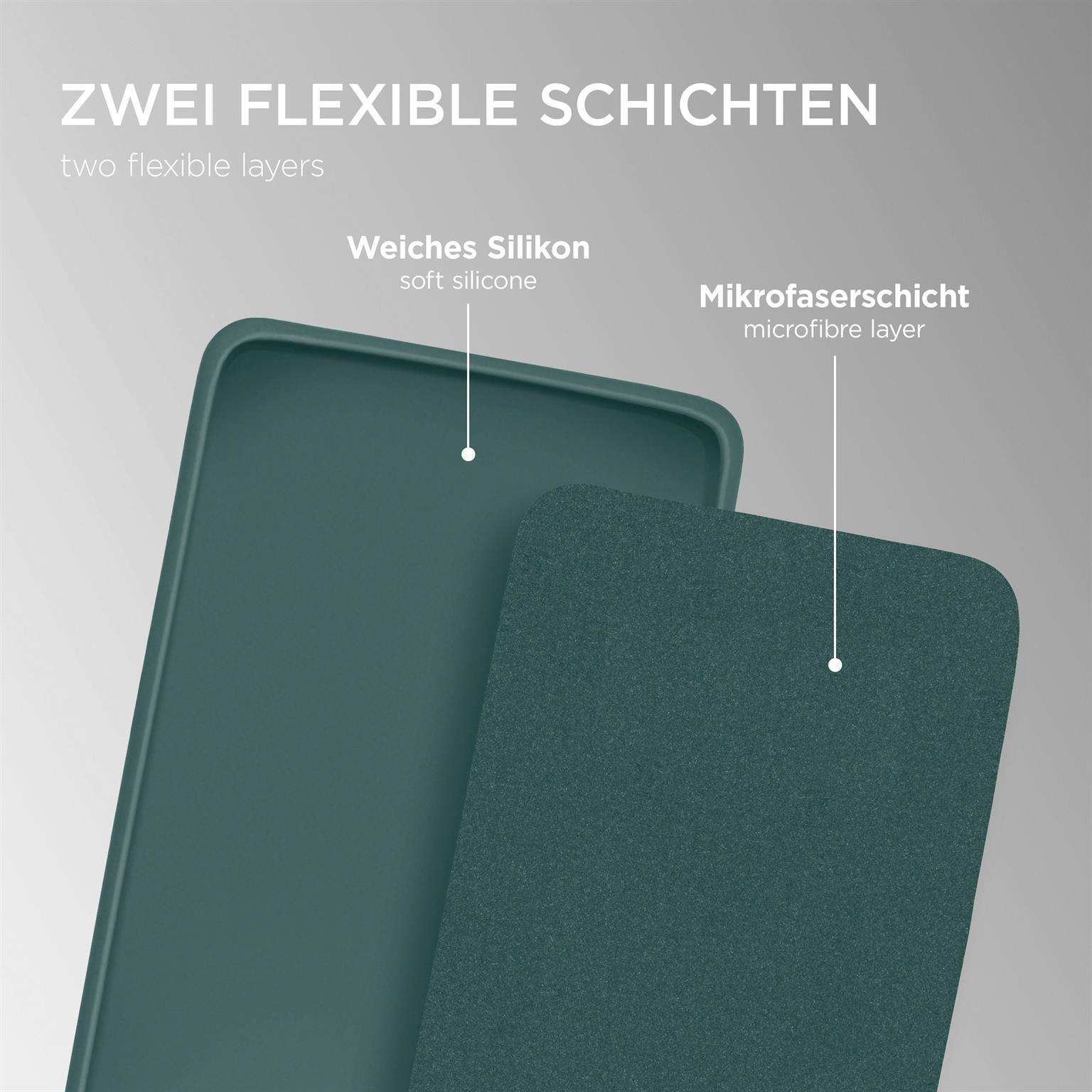 Zwei Materialschichten, eine aus weichem Silikon und eine aus Mikrofaser.