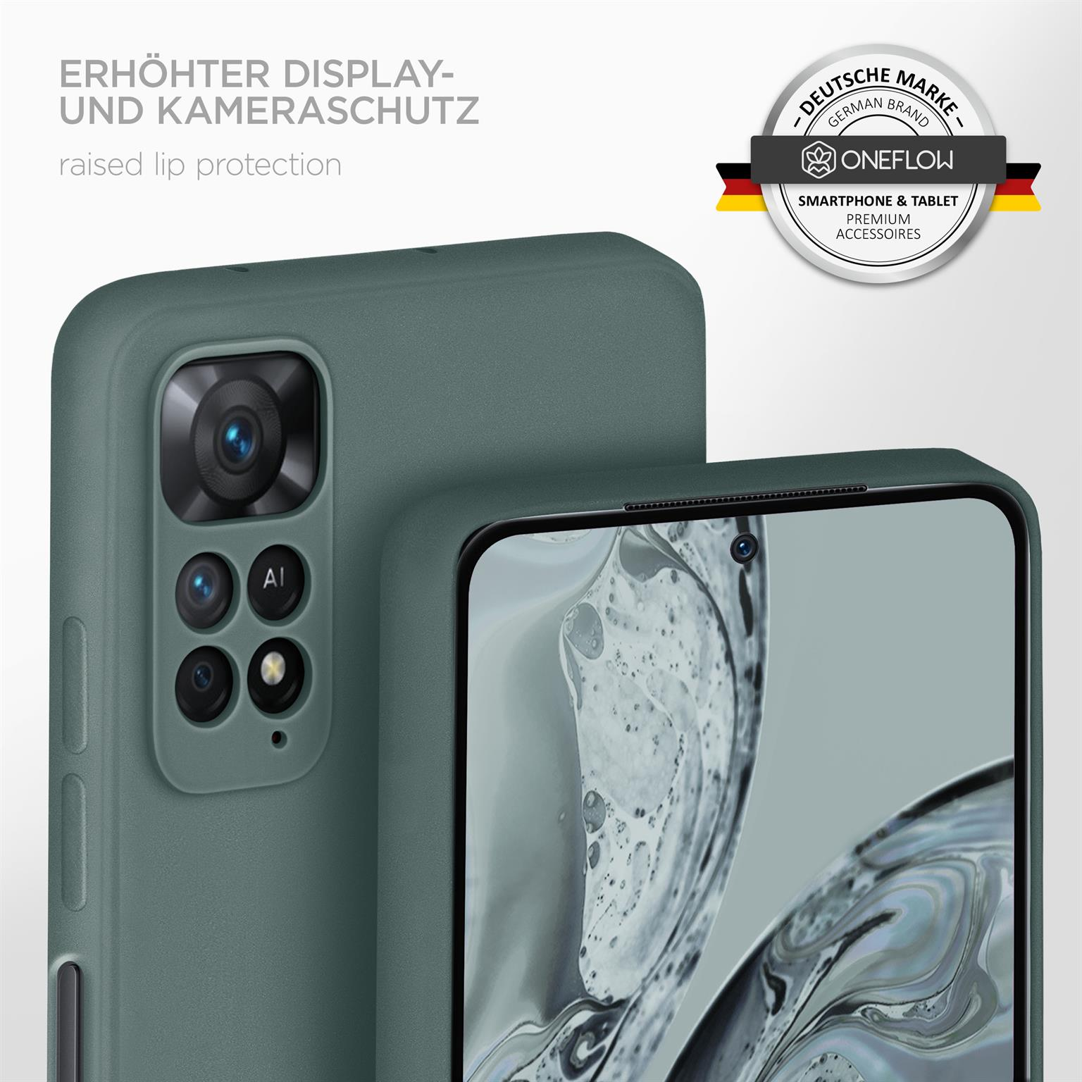 Eine tealfarbene Handyhülle schützt ein Smartphone, Nahaufnahme, mit sichtbarem Markennamen und Logo.