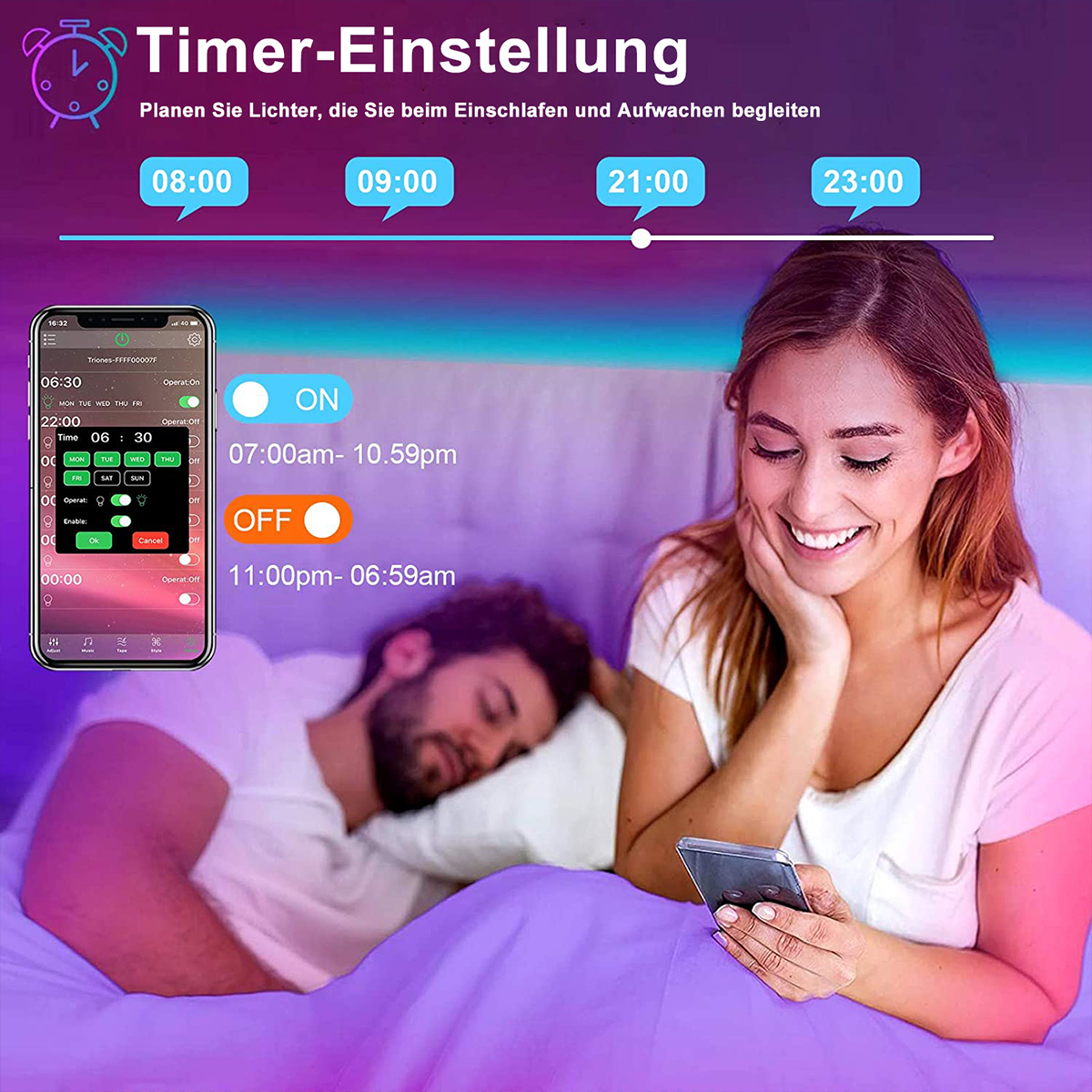 Frau im Bett, benutzt Telefon, um Timer für Lichter einzustellen. Mann schläft neben ihr. Grafik zeigt Timer-Einstellungen.