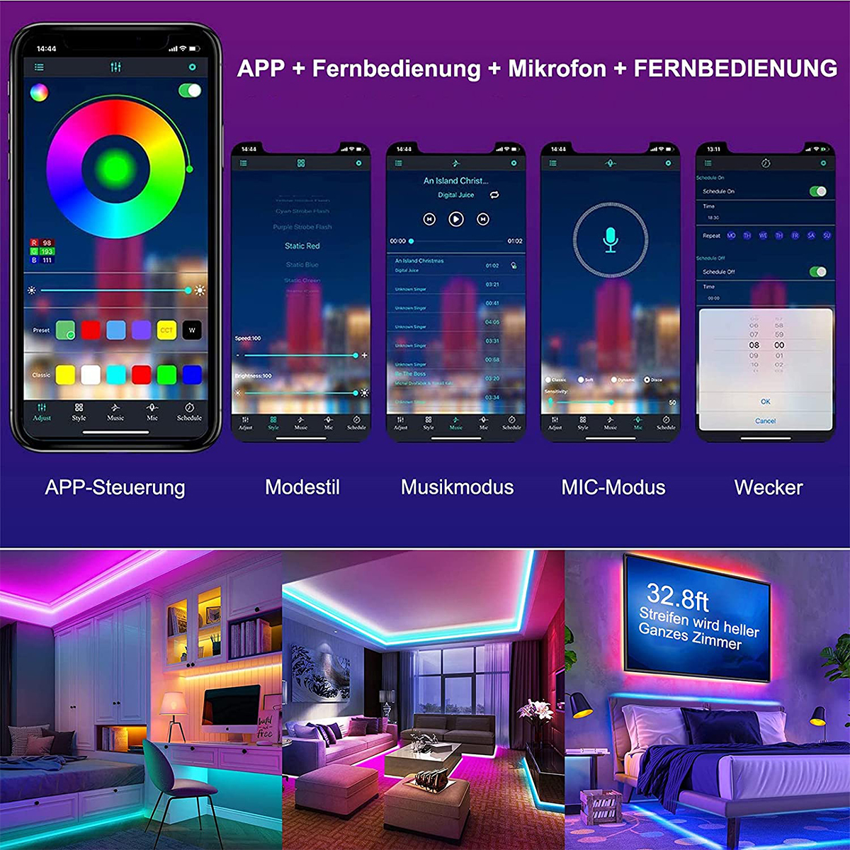 Ein Telefonbildschirm zeigt eine App-Oberfläche. Die App steuert Lichter in mehreren Räumen.