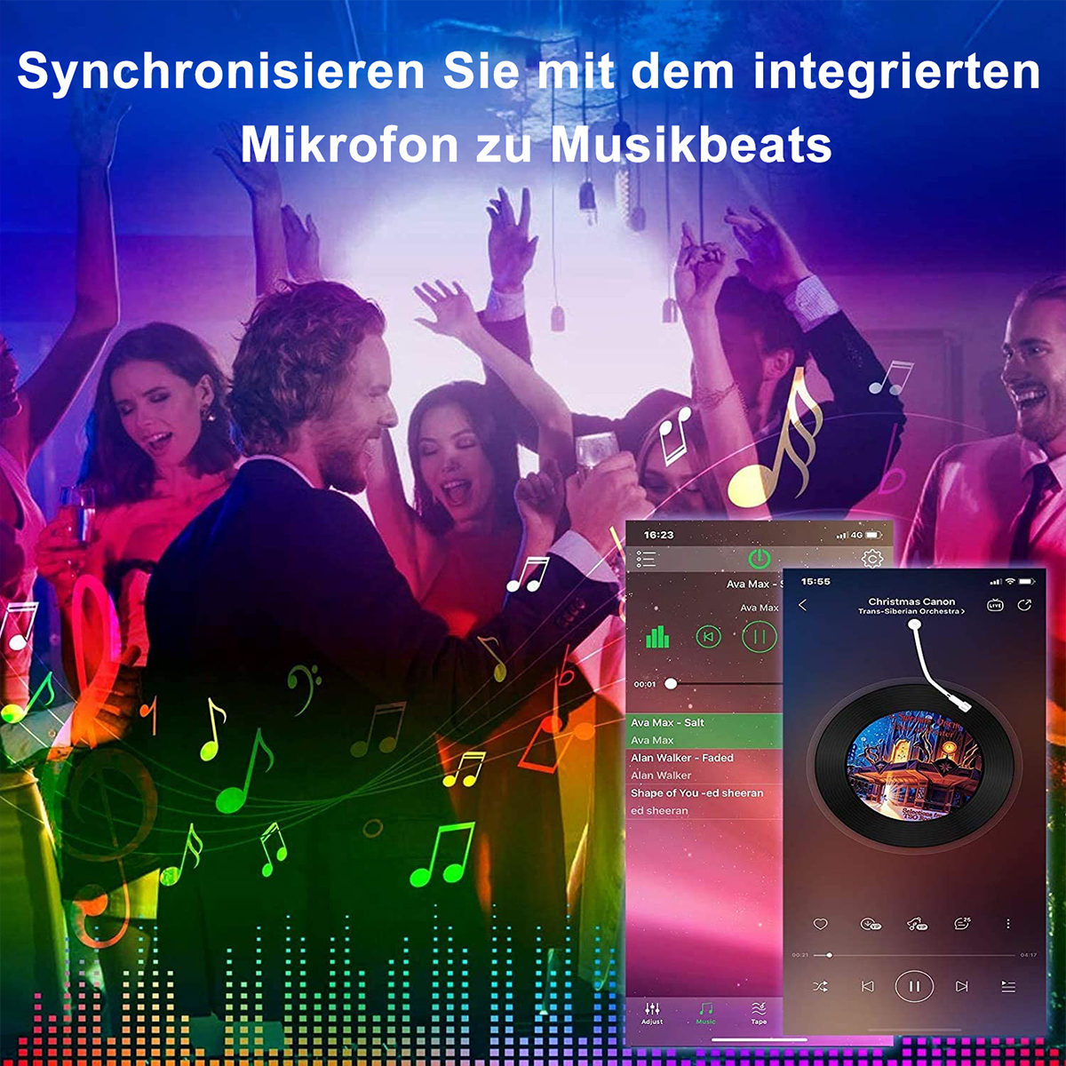 Leute auf einer Party mit einem Telefonbildschirm, der eine Musikoberfläche anzeigt.