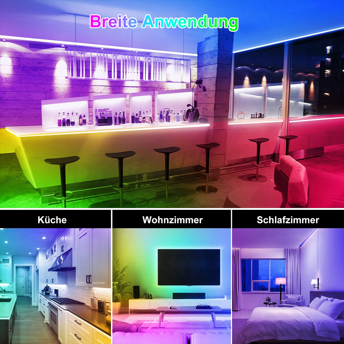 Ein Bild mit drei Abschnitten, die verschiedene Räume mit farbigen Lichtern zeigen.