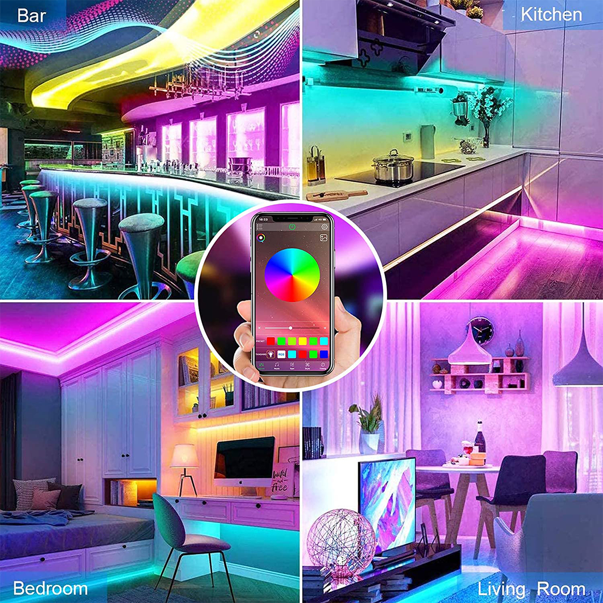 Collage von Räumen mit LED-Beleuchtung, gesteuert von einem Telefon, das ein Farbrad zeigt.