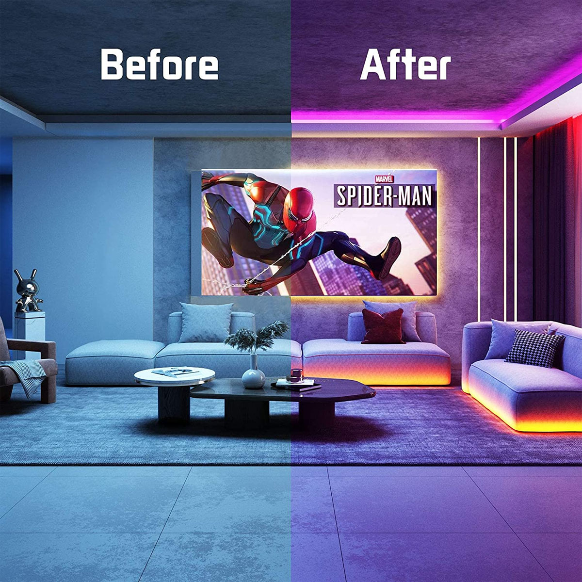 Wohnzimmer vor und nach der LED-Streifenbeleuchtung, mit Spider-Man-Poster.