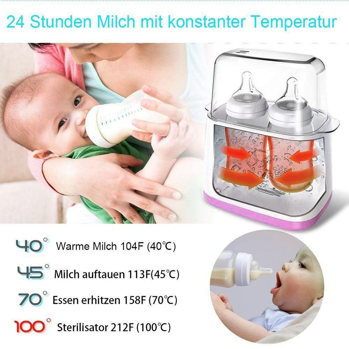 BABY JA Milcherwärmer, Babykostwärmer 1 24h, in 6 Konstante Temperatur in LED-Display, Babyflaschenwärmer Weiß