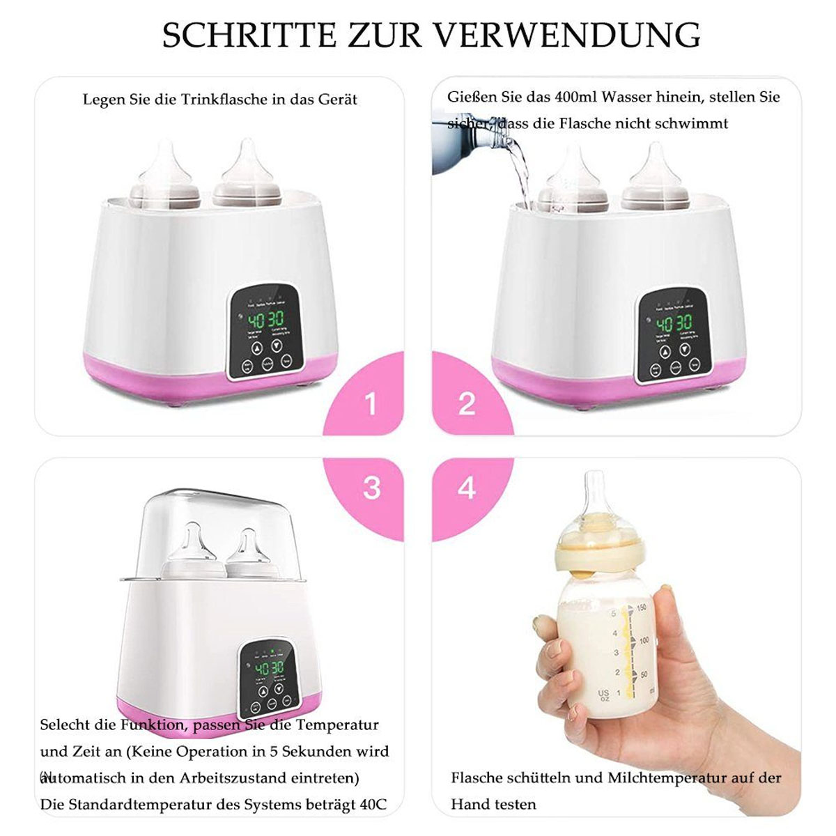 BABY JA Milcherwärmer, Konstante Babykostwärmer Babyflaschenwärmer 24h, in in 1 Temperatur Weiß LED-Display, 6