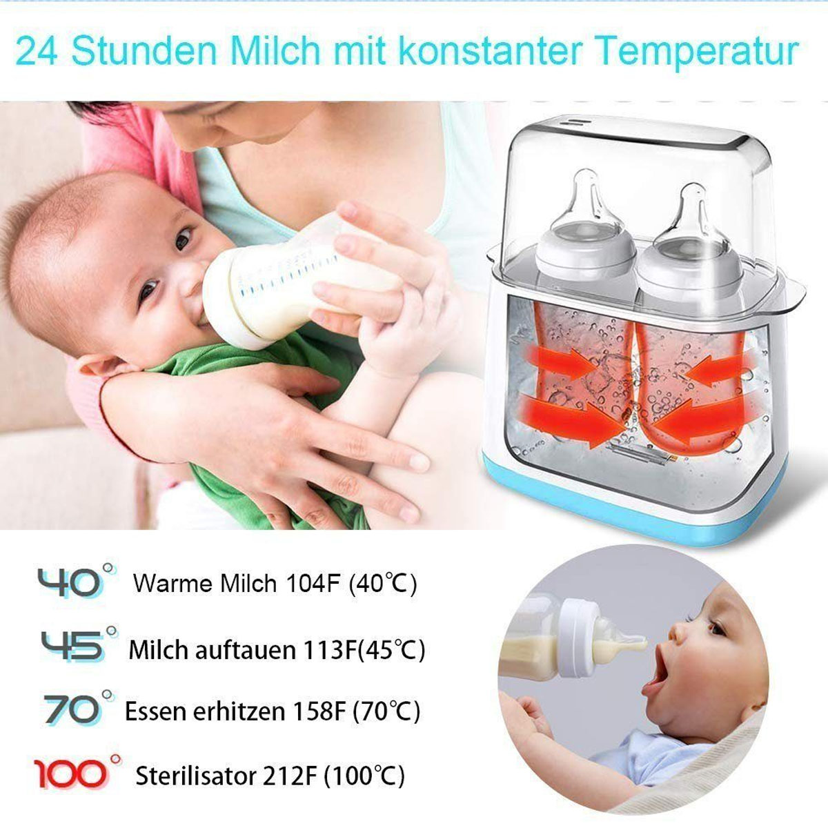 BABY JA in 6 Babykostwärmer Babyflaschenwärmer LED-Display, 24h, in 1 Milcherwärmer, Weiß Temperatur Konstante