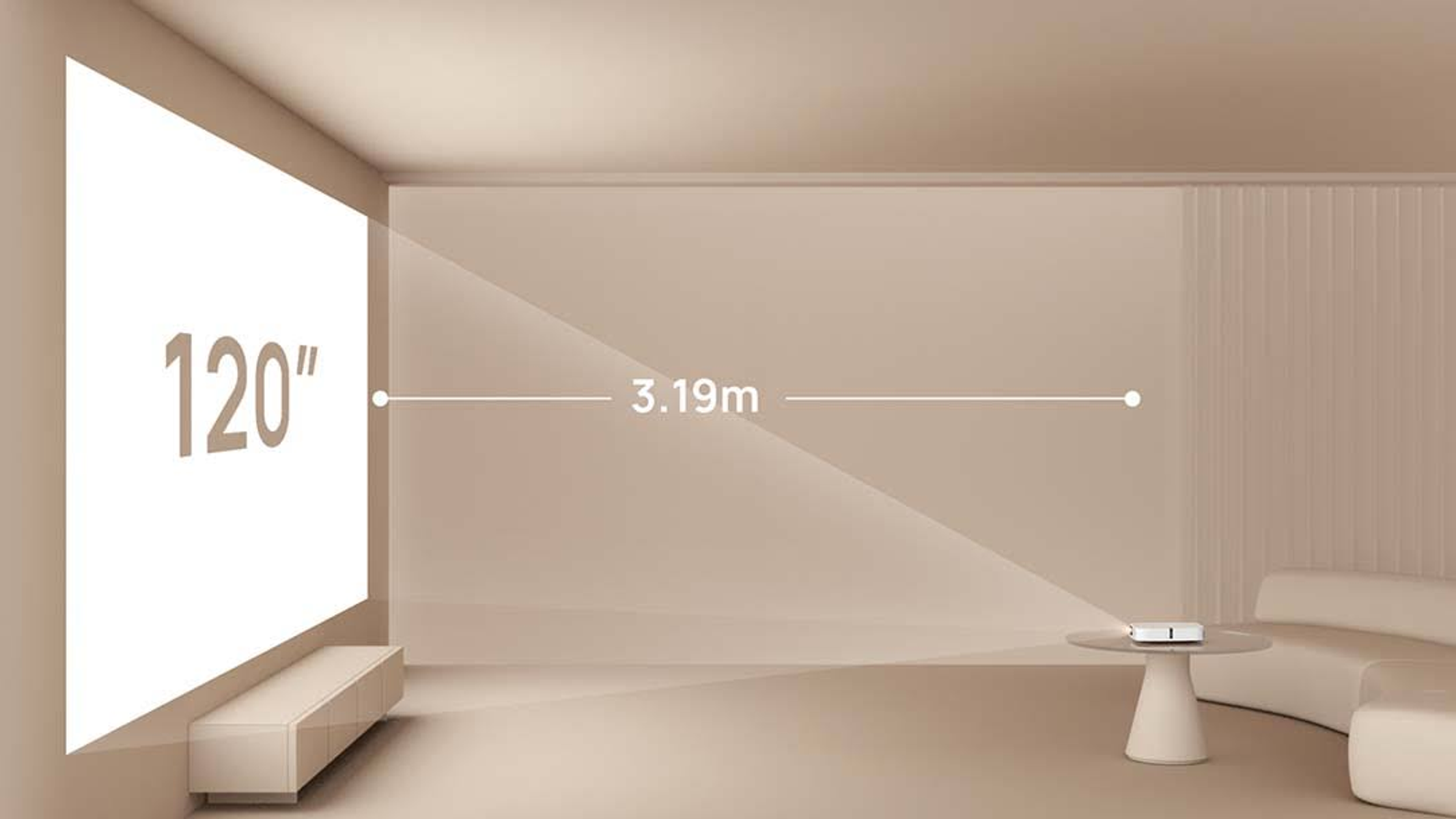 Ein Raum mit einem Projektor, der ein 120"-Bild projiziert. Die Entfernung wird mit 3,19 m gemessen.