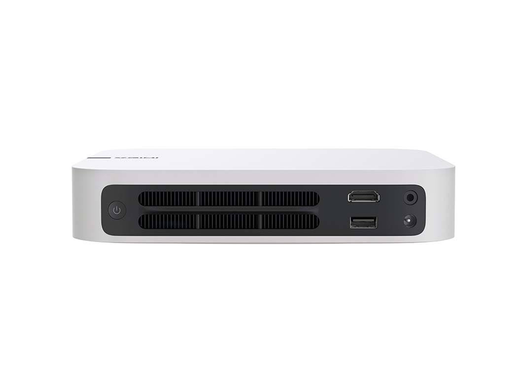 Weißer Mini-Computer mit Anschlüssen. Ein-/Ausschalter, USB-, HDMI- und Audioanschlüsse sichtbar.