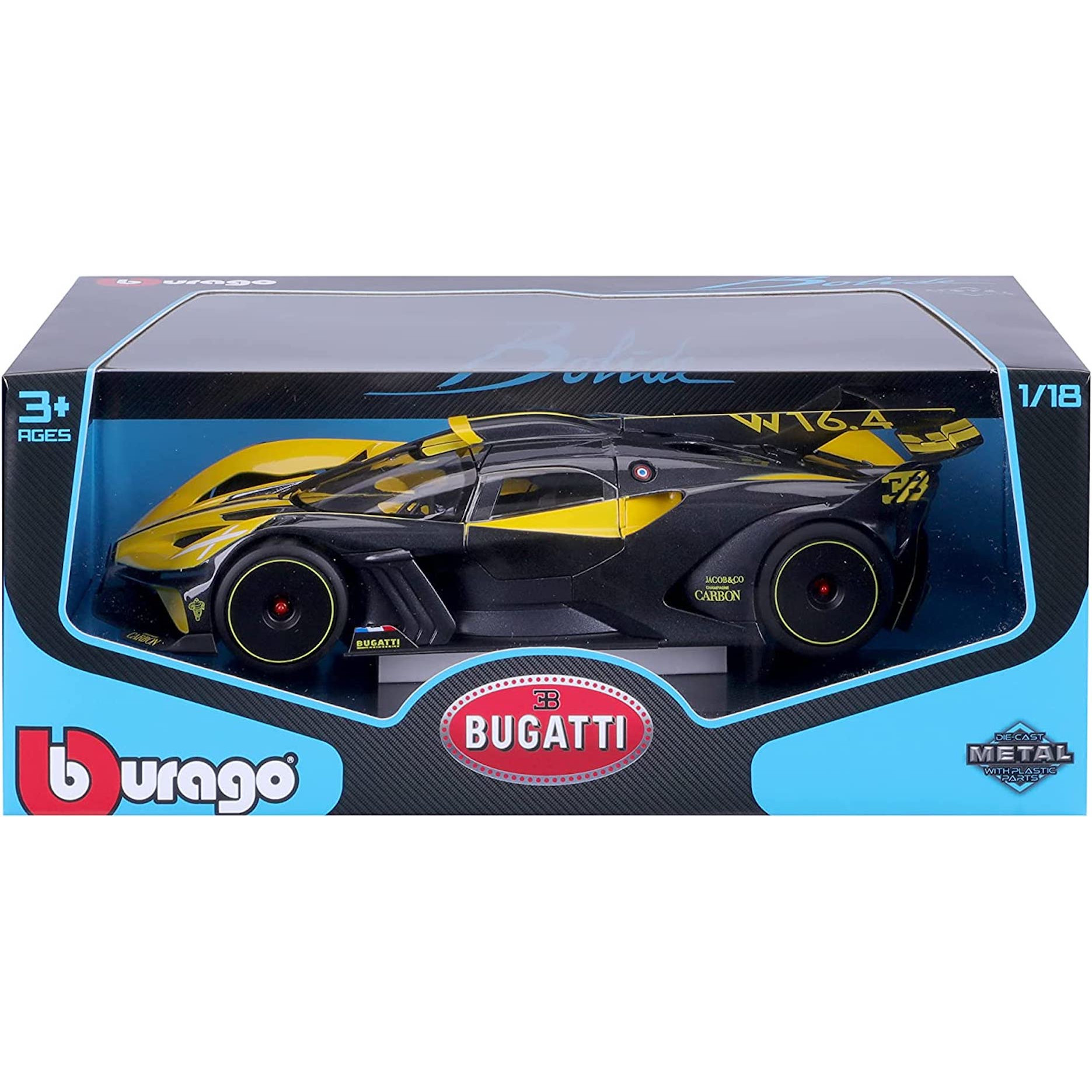 BBURAGO 18-11047Y Modellauto Bugatti (gelb, - Maßstab Spielzeugauto 1:18) - Bolide