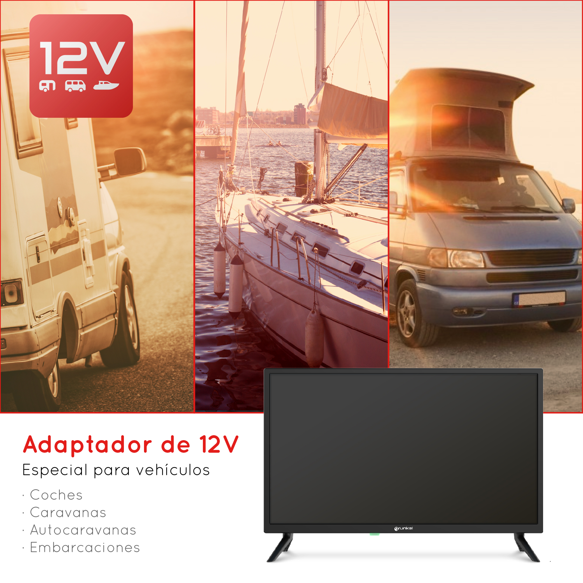 Collage de imágenes: furgoneta, velero y furgoneta azul. Texto: Adaptador de 12V, Especial para vehículos.