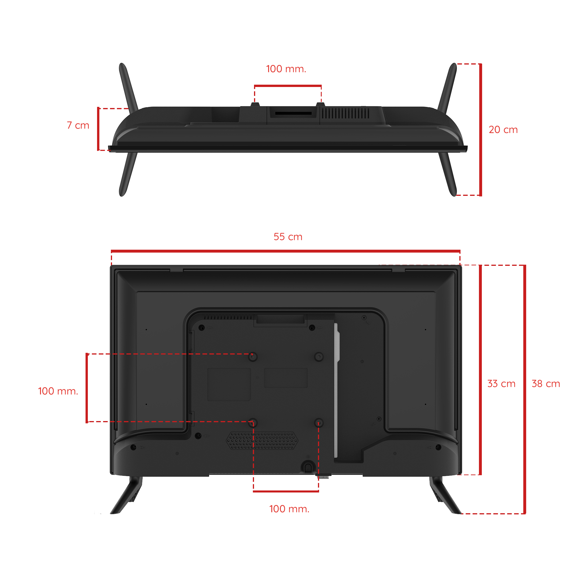 Televisor negro con dimensiones mostradas. Fondo blanco.