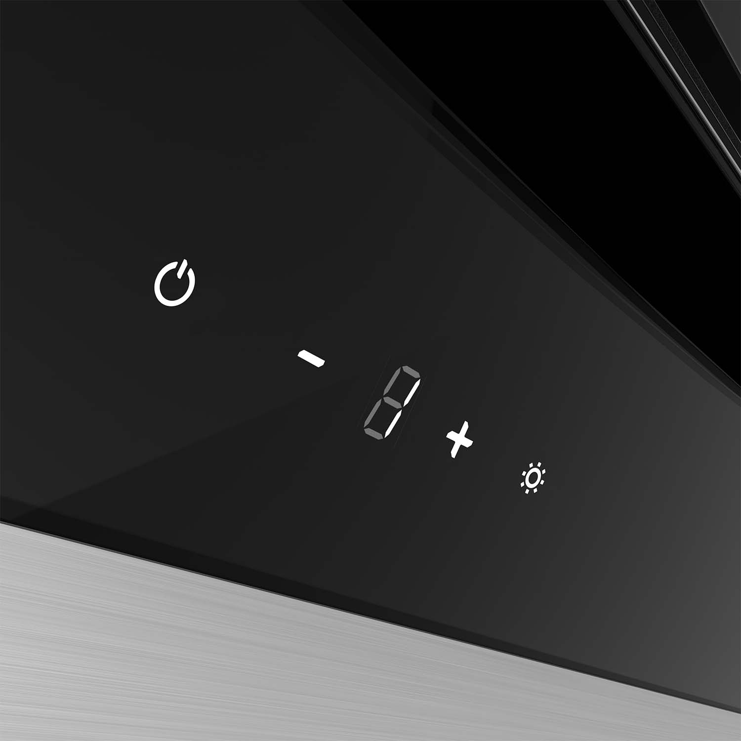 Nahaufnahme eines schwarzen Touchpanels mit Strom-, Minus-, Zahl 8-, Plus- und Lichtsymbolen.