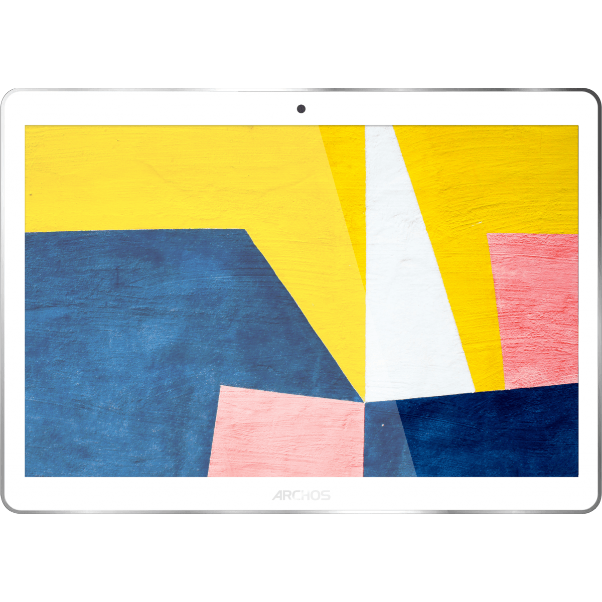 Tablet met een kleurrijk abstract schilderij op het scherm tegen een witte achtergrond.