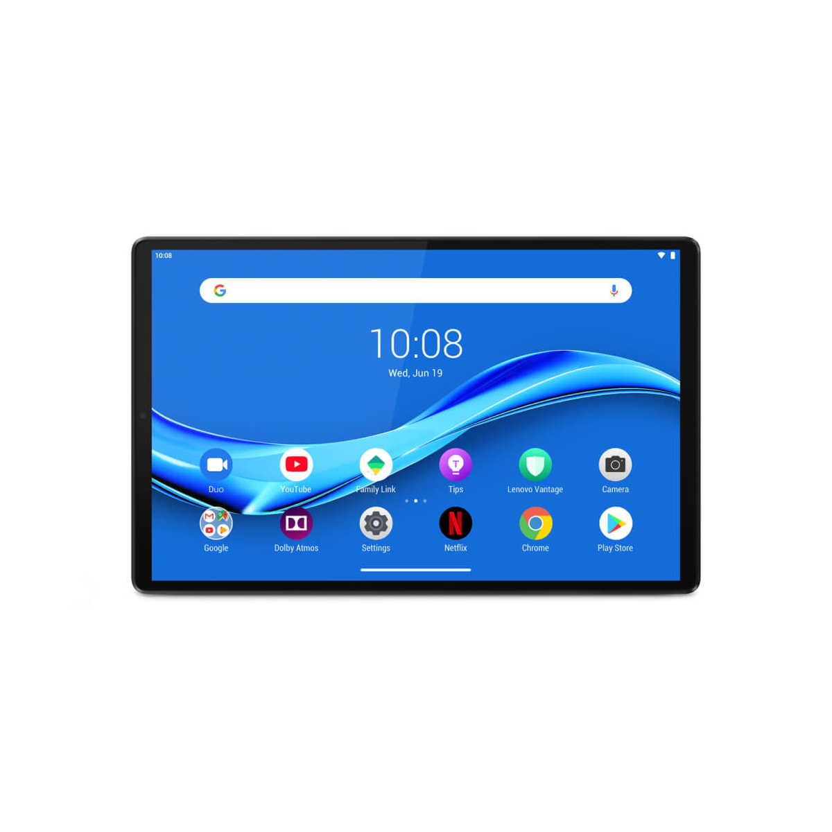 Tablet Lenovo che mostra la schermata iniziale con icone delle app. Sfondo bianco.