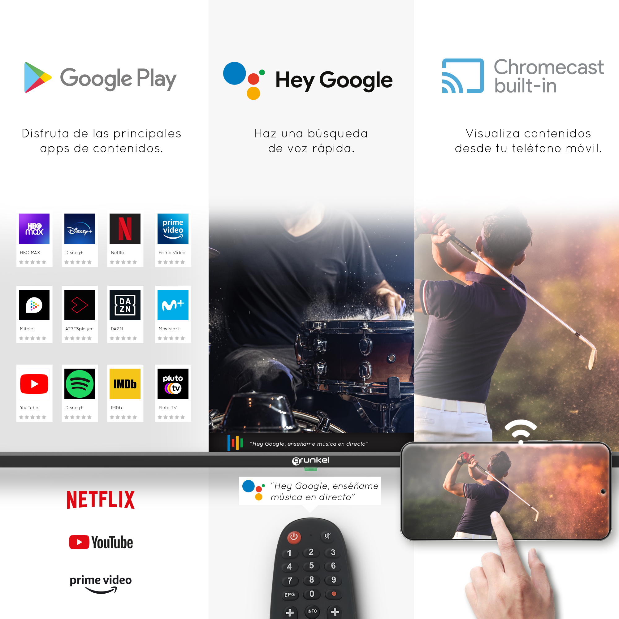 Un collage muestra aplicaciones de Google Play, búsqueda por voz de Hey Google y funciones de Chromecast.
